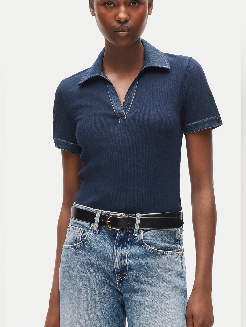 J CREW XXS Perfect rib johnny-collar top with denim trim CT132